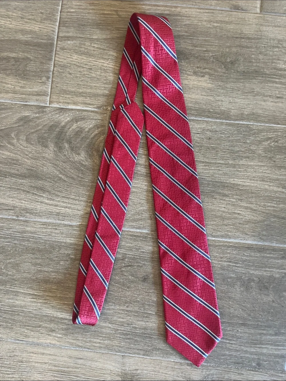 John W. Nordstrom Red Diagonal Stripe Silk Tie with Navy & White Accents